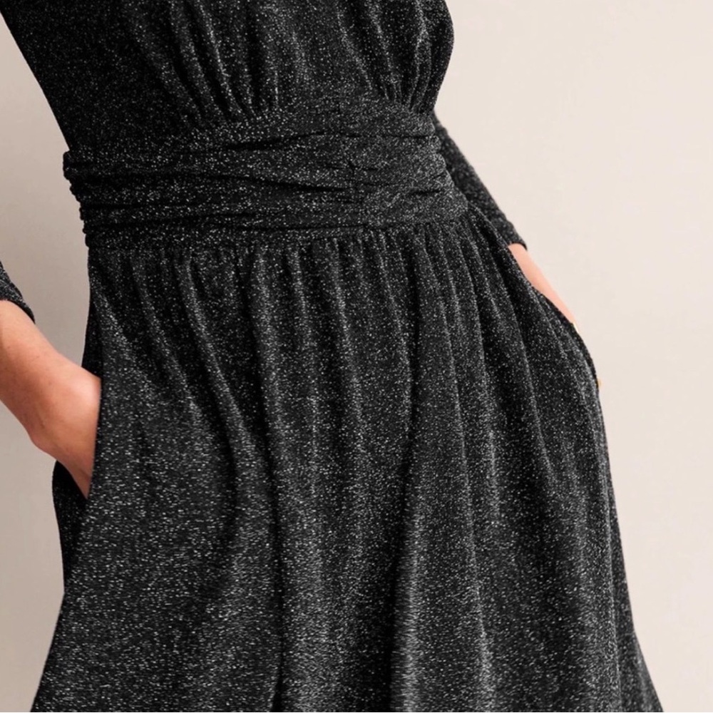 BODEN NWT Black Silver Sparkle Long Sleeve V-Neck Ruched Midi Party Dress Sz 12 - Picture 4 of 16